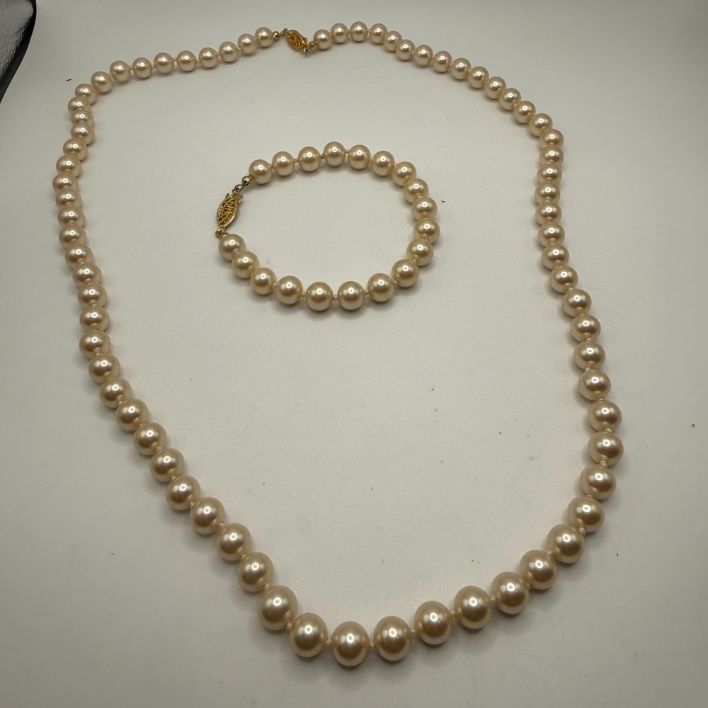 Vintage Faux Pearl Necklace Bracelet knotted Set Classic Bridal Wedding Elegant‎